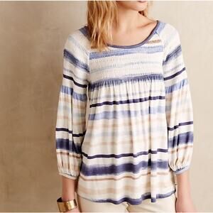 ANTHROPOLOGIE MEADOW RUE Striped Smocked Peasant Blouse Blue White Tan Size M